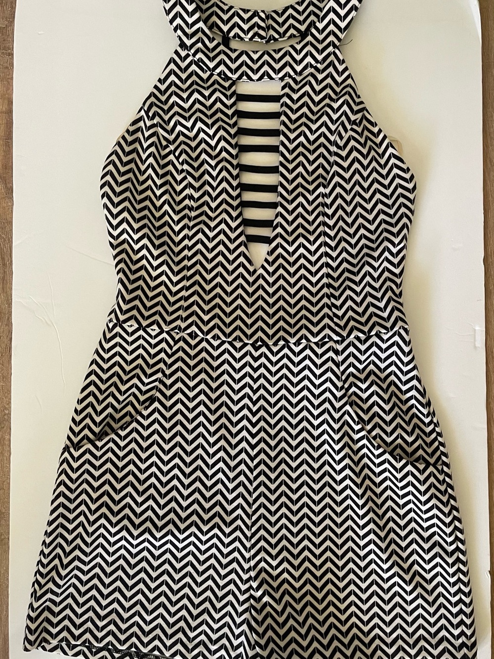 Black & White Chevron Halter Romper with Striped V-Inset